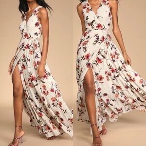 NWT Lulus Lindsie Ivory Multi Floral Print Pleated Wrap Maxi Dress size XS